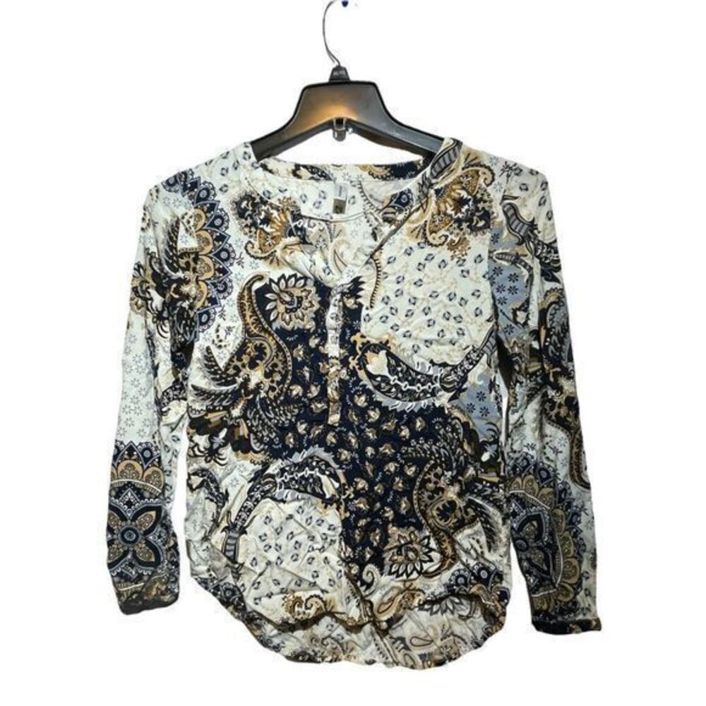 Soyaconcept Womens Long Sleeve Button Up Top Size M Paisley Retro Print Lightwei